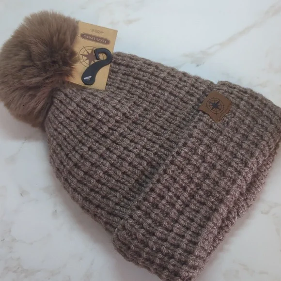 Women's Brown Knit Pom-Pom Beanie - Picture 3 of 3